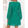 ZESICA Women’s Long Sleeve Mini Dress 2026 Fall Crewneck Tie Front Hollow Out Eyelet Babydoll A Line Short Dresses(Green)
