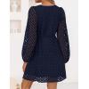 ZESICA Women’s Long Sleeve Mini Dress 2026 Fall Crewneck Tie Front Hollow Out Eyelet Babydoll A Line Short Dresses(Navy)