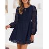 ZESICA Women’s Long Sleeve Mini Dress 2026 Fall Crewneck Tie Front Hollow Out Eyelet Babydoll A Line Short Dresses(Navy)