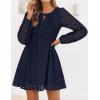 ZESICA Women’s Long Sleeve Mini Dress 2026 Fall Crewneck Tie Front Hollow Out Eyelet Babydoll A Line Short Dresses(Navy)