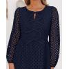 ZESICA Women’s Long Sleeve Mini Dress 2026 Fall Crewneck Tie Front Hollow Out Eyelet Babydoll A Line Short Dresses(Navy)