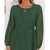 ZESICA Women’s Long Sleeve Mini Dress 2026 Fall Crewneck Tie Front Hollow Out Eyelet Babydoll A Line Short Dresses(Olive)