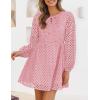 ZESICA Women’s Long Sleeve Mini Dress 2026 Fall Crewneck Tie Front Hollow Out Eyelet Babydoll A Line Short Dresses(Pink)