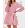 ZESICA Women’s Long Sleeve Mini Dress 2026 Fall Crewneck Tie Front Hollow Out Eyelet Babydoll A Line Short Dresses(Pink)