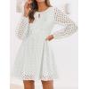 ZESICA Women’s Long Sleeve Mini Dress 2026 Fall Crewneck Tie Front Hollow Out Eyelet Babydoll A Line Short Dresses(White)