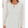 ZESICA Women’s Long Sleeve Mini Dress 2026 Fall Crewneck Tie Front Hollow Out Eyelet Babydoll A Line Short Dresses(White)