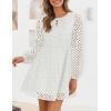ZESICA Women’s Long Sleeve Mini Dress 2026 Fall Crewneck Tie Front Hollow Out Eyelet Babydoll A Line Short Dresses(White)