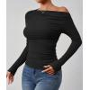 ZESICA Womens Off Shoulder Long Sleeve Tops 2026 Spring Casual Boat Neck Ruched Slim Fit Going Out Y2k Shirts Blouses(Black)