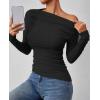 ZESICA Womens Off Shoulder Long Sleeve Tops 2026 Spring Casual Boat Neck Ruched Slim Fit Going Out Y2k Shirts Blouses(Black)