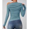 ZESICA Womens Off Shoulder Long Sleeve Tops 2026 Spring Casual Boat Neck Ruched Slim Fit Going Out Y2k Shirts Blouses(Blue)