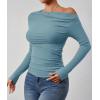 ZESICA Womens Off Shoulder Long Sleeve Tops 2026 Spring Casual Boat Neck Ruched Slim Fit Going Out Y2k Shirts Blouses(Blue)