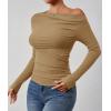 ZESICA Womens Off Shoulder Long Sleeve Tops 2026 Spring Casual Boat Neck Ruched Slim Fit Going Out Y2k Shirts Blouses(Khaki)