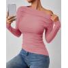 ZESICA Womens Off Shoulder Long Sleeve Tops 2026 Spring Casual Boat Neck Ruched Slim Fit Going Out Y2k Shirts Blouses(Pink)