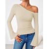 ZESICA Women’s Off Shoulder Tops Bell Long Sleeve Shirts 2026 Spring Trendy Going Out Ruched Tight Fitted Y2K Clothes(Apricot)