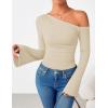 ZESICA Women’s Off Shoulder Tops Bell Long Sleeve Shirts 2026 Spring Trendy Going Out Ruched Tight Fitted Y2K Clothes(Apricot)