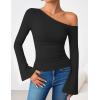 ZESICA Women’s Off Shoulder Tops Bell Long Sleeve Shirts 2026 Spring Trendy Going Out Ruched Tight Fitted Y2K Clothes(Black)