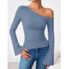 ZESICA Women’s Off Shoulder Tops Bell Long Sleeve Shirts 2026 Spring Trendy Going Out Ruched Tight Fitted Y2K Clothes(Blue)