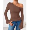 ZESICA Women’s Off Shoulder Tops Bell Long Sleeve Shirts 2026 Spring Trendy Going Out Ruched Tight Fitted Y2K Clothes(Brown)
