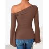 ZESICA Women’s Off Shoulder Tops Bell Long Sleeve Shirts 2026 Spring Trendy Going Out Ruched Tight Fitted Y2K Clothes(Brown)