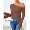 ZESICA Women’s Off Shoulder Tops Bell Long Sleeve Shirts 2026 Spring Trendy Going Out Ruched Tight Fitted Y2K Clothes(Brown)