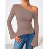 ZESICA Women’s Off Shoulder Tops Bell Long Sleeve Shirts 2026 Spring Trendy Going Out Ruched Tight Fitted Y2K Clothes(Lightkhaki)