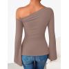 ZESICA Women’s Off Shoulder Tops Bell Long Sleeve Shirts 2026 Spring Trendy Going Out Ruched Tight Fitted Y2K Clothes(Lightkhaki)