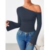 ZESICA Women’s Off Shoulder Tops Bell Long Sleeve Shirts 2026 Spring Trendy Going Out Ruched Tight Fitted Y2K Clothes(Navy)