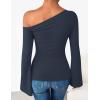 ZESICA Women’s Off Shoulder Tops Bell Long Sleeve Shirts 2026 Spring Trendy Going Out Ruched Tight Fitted Y2K Clothes(Navy)