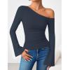 ZESICA Women’s Off Shoulder Tops Bell Long Sleeve Shirts 2026 Spring Trendy Going Out Ruched Tight Fitted Y2K Clothes(Navy)
