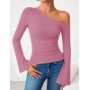 ZESICA Women’s Off Shoulder Tops Bell Long Sleeve Shirts 2026 Spring Trendy Going Out Ruched Tight Fitted Y2K Clothes(Pink)