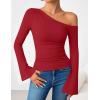 ZESICA Women’s Off Shoulder Tops Bell Long Sleeve Shirts 2026 Spring Trendy Going Out Ruched Tight Fitted Y2K Clothes(Red)