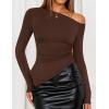 ZESICA Women’s Off The Shoulder Tops 2026 Long Sleeve Y2K Asymmetrical Ruched Fitted Shirts Spring Trendy Going Out Top(Coffee)