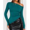 ZESICA Women’s Off The Shoulder Tops 2026 Long Sleeve Y2K Asymmetrical Ruched Fitted Shirts Spring Trendy Going Out Top(Teal)