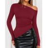 ZESICA Women’s Off The Shoulder Tops 2026 Long Sleeve Y2K Asymmetrical Ruched Fitted Shirts Spring Trendy Going Out Top(Wine)