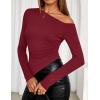 ZESICA Women’s Off The Shoulder Tops 2026 Long Sleeve Y2K Asymmetrical Ruched Fitted Shirts Spring Trendy Going Out Top(Wine)