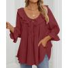 ZESICA Womens Scoop Neck 3/4 Length Sleeve Tops 2026 Casual Tie Front Ruffle Tiered Loose Tunic Shirts Blouses Fall Outfits(Wine Red)