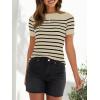 ZESICA Women’s Short Sleeve Crewneck Striped T Shirt 2026 Summer Ribbed Knit Slim Fit Casual Basic Tee Tops(Almond)