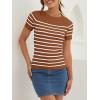 ZESICA Women’s Short Sleeve Crewneck Striped T Shirt 2026 Summer Ribbed Knit Slim Fit Casual Basic Tee Tops(Brown)