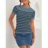 ZESICA Women’s Short Sleeve Crewneck Striped T Shirt 2026 Summer Ribbed Knit Slim Fit Casual Basic Tee Tops(Darkblue)