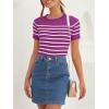 ZESICA Women’s Short Sleeve Crewneck Striped T Shirt 2026 Summer Ribbed Knit Slim Fit Casual Basic Tee Tops(Magenta)