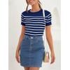 ZESICA Women’s Short Sleeve Crewneck Striped T Shirt 2026 Summer Ribbed Knit Slim Fit Casual Basic Tee Tops(Navy)