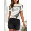 ZESICA Women’s Short Sleeve Crewneck Striped T Shirt 2026 Summer Ribbed Knit Slim Fit Casual Basic Tee Tops(White)