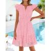 ZESICA Women’s Summer Flutter Short Sleeve Mini Dress 2026 V Neck Hollow Out Eyelet A Line Swing Beach Short Sundress(Pink)