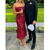 ZESICA Women’s Summer Strapless Floral Midi Dress 2026 Bodycon Mesh Tube Wedding Guest Cocktail Party Long Dresses(Red)