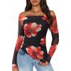 ZESICA Floral Mesh Off Shoulder Long Sleeve Tops for Women 2026 Y2k Double Lined Sheer Spring Going Out Shirts(Black)