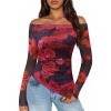 ZESICA Floral Mesh Off Shoulder Long Sleeve Tops for Women 2026 Y2k Double Lined Sheer Spring Going Out Shirts(Blackred)