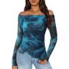 ZESICA Floral Mesh Off Shoulder Long Sleeve Tops for Women 2026 Y2k Double Lined Sheer Spring Going Out Shirts(Blue)