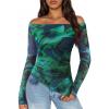 ZESICA Floral Mesh Off Shoulder Long Sleeve Tops for Women 2026 Y2k Double Lined Sheer Spring Going Out Shirts(Lakegreen)
