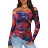 ZESICA Floral Mesh Off Shoulder Long Sleeve Tops for Women 2026 Y2k Double Lined Sheer Spring Going Out Shirts(Purplered)