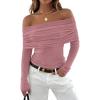 ZESICA Long Sleeve Shirts for Women Ribbed Knit Off Shoulder Slim Fit Going Out Tops Outfits 2026 Trendy Fashion Clothes(Darkpink)